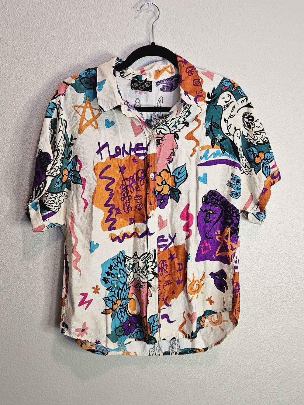Milk & Honey Abstract Graphic Face & Bird Button Up Top L (Fits M)